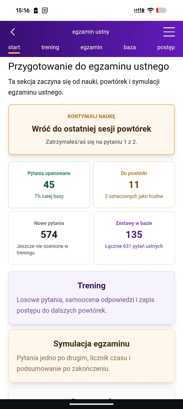 ekran startowy modułu ustnego