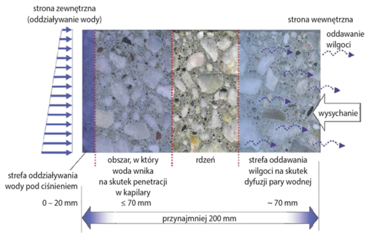Zasada funkcjonowania betonu wodonieprzepuszczalnego (model dla betonu klasy C30/37 i w/c < 0,55)